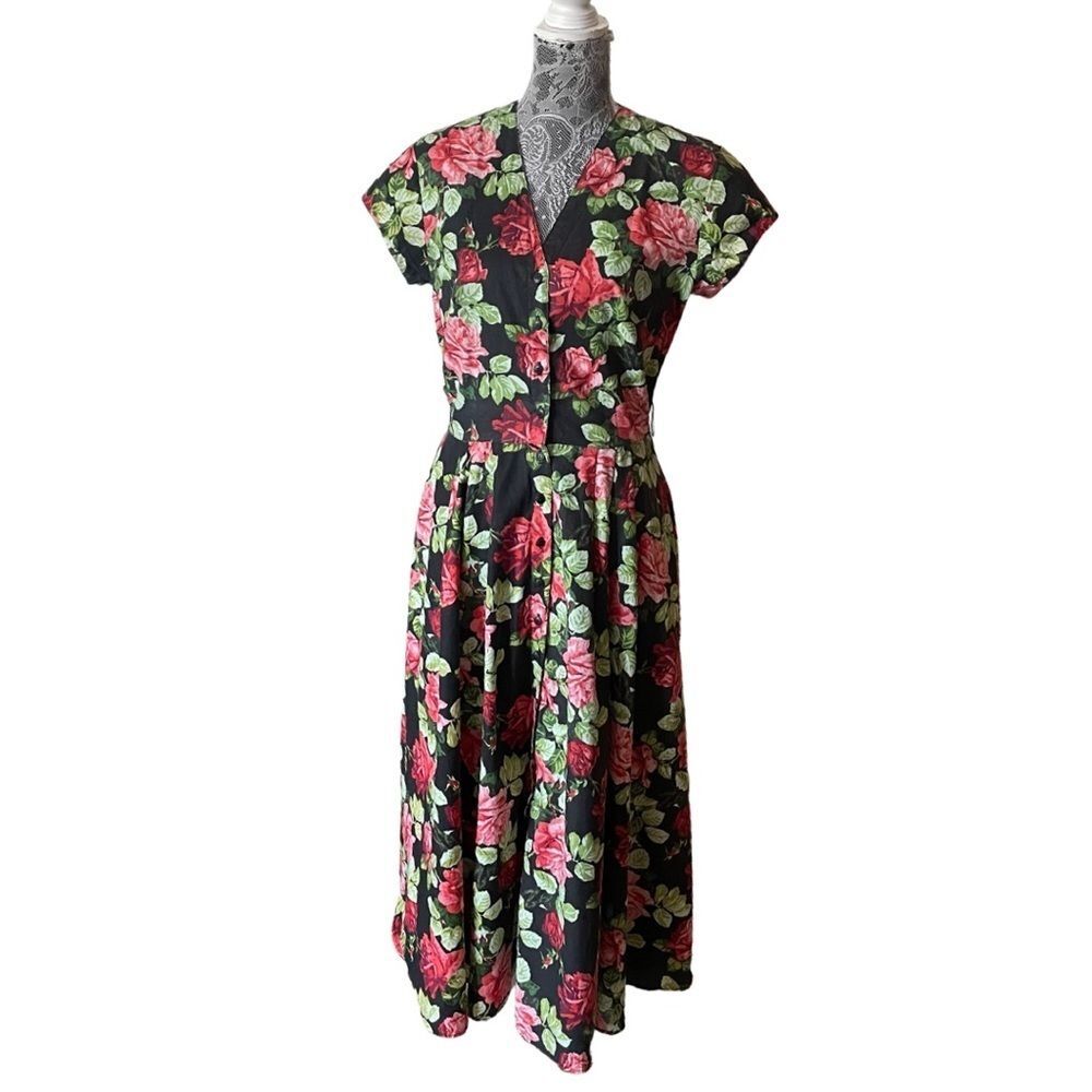 VINTAGE E.D. Michaels by Melanie Drucker Rose Print Maxi Dress Black Red